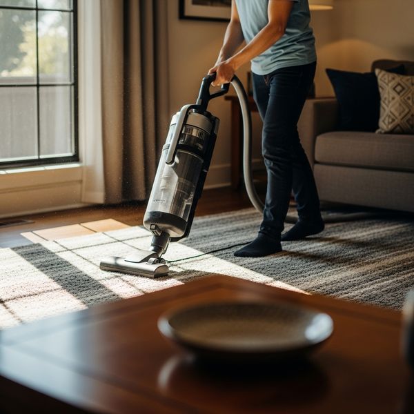 a person vacuuming a carpet.