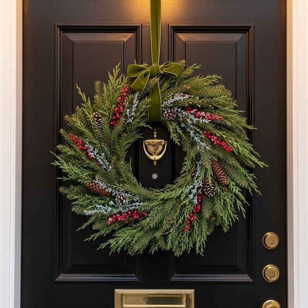 Elegant holiday wreath hung on a modern apartment door