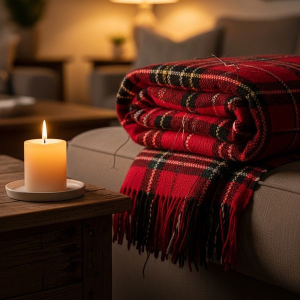 Festive red throw blanket and holiday scented candle