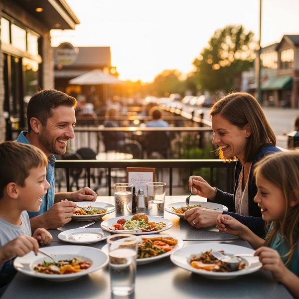 parents and children eating at an outdoor restaurant dining area in Loveland