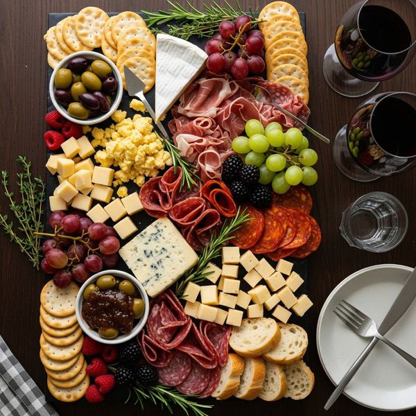 A top-down view of a delicious charcuterie board ready for an apartment dinner.