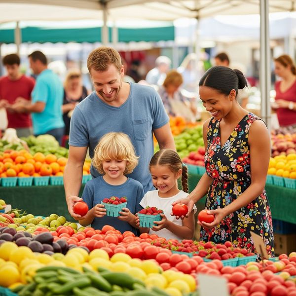Family selecting fresh produce at a local farmers market. Family selecting fresh produce at a local farmers market.