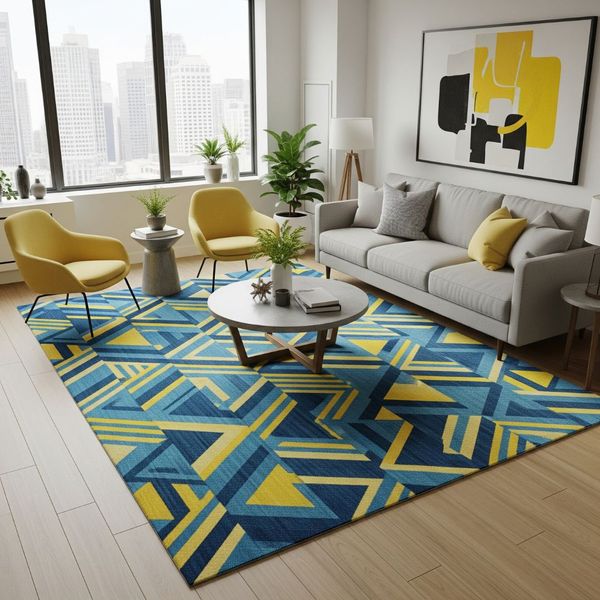 A colorful, geometric area rug anchoring the furniture in a contemporary apartment living room.