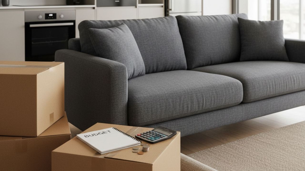 couch, boxes, and a budget notepad