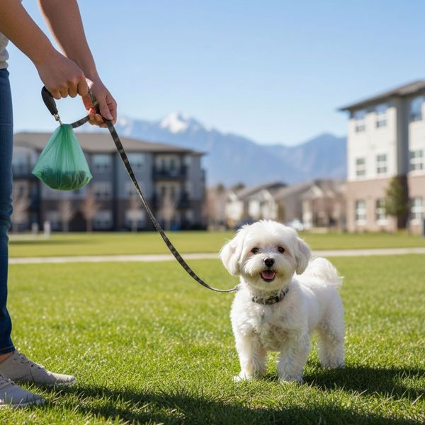 A person with a small, white dog on a leash in a grassy park area demonstrating pet waste cleanup