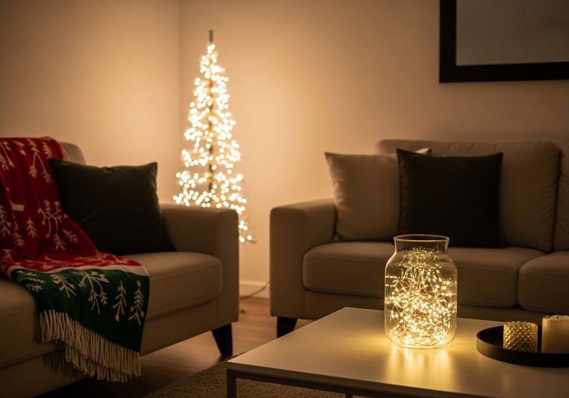 Modern luxury apartment living room with festive red throw and small pencil Christmas tree
