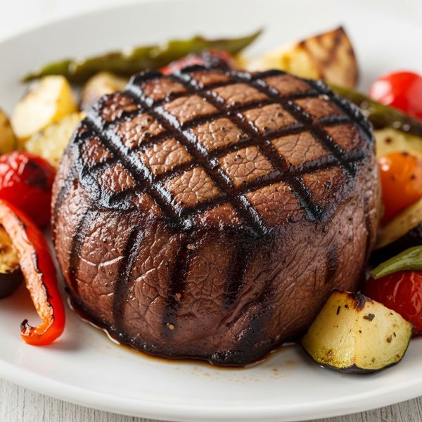 A grilled steak with vegetables on a white plate.