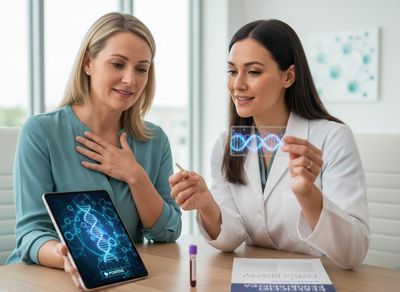 A doctor in a white coat shows a holographic DNA strand to a patient viewing a positive DNA result on a tablet. Doctor and patient reviewing genetic test results