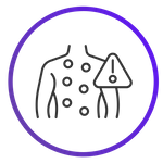 Outline of a torso with multiple circular spots and a warning triangle with an exclamation mark.