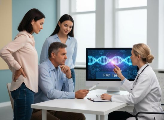 A female doctor in a white coat points to a DNA test (FM1 Test) on a computer screen while a man, woman, and young woman listen attentively. Doctor discusses genetic test results with a family