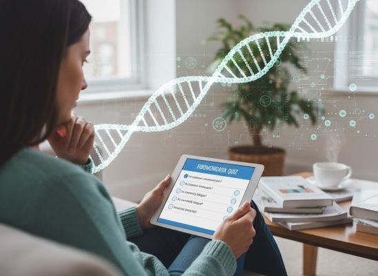 A woman answers a fibromyalgia quiz on a tablet, with a digital DNA strand and data visualizations floating above her device. Woman viewing Fibromyalgia quiz and DNA graphic on tablet