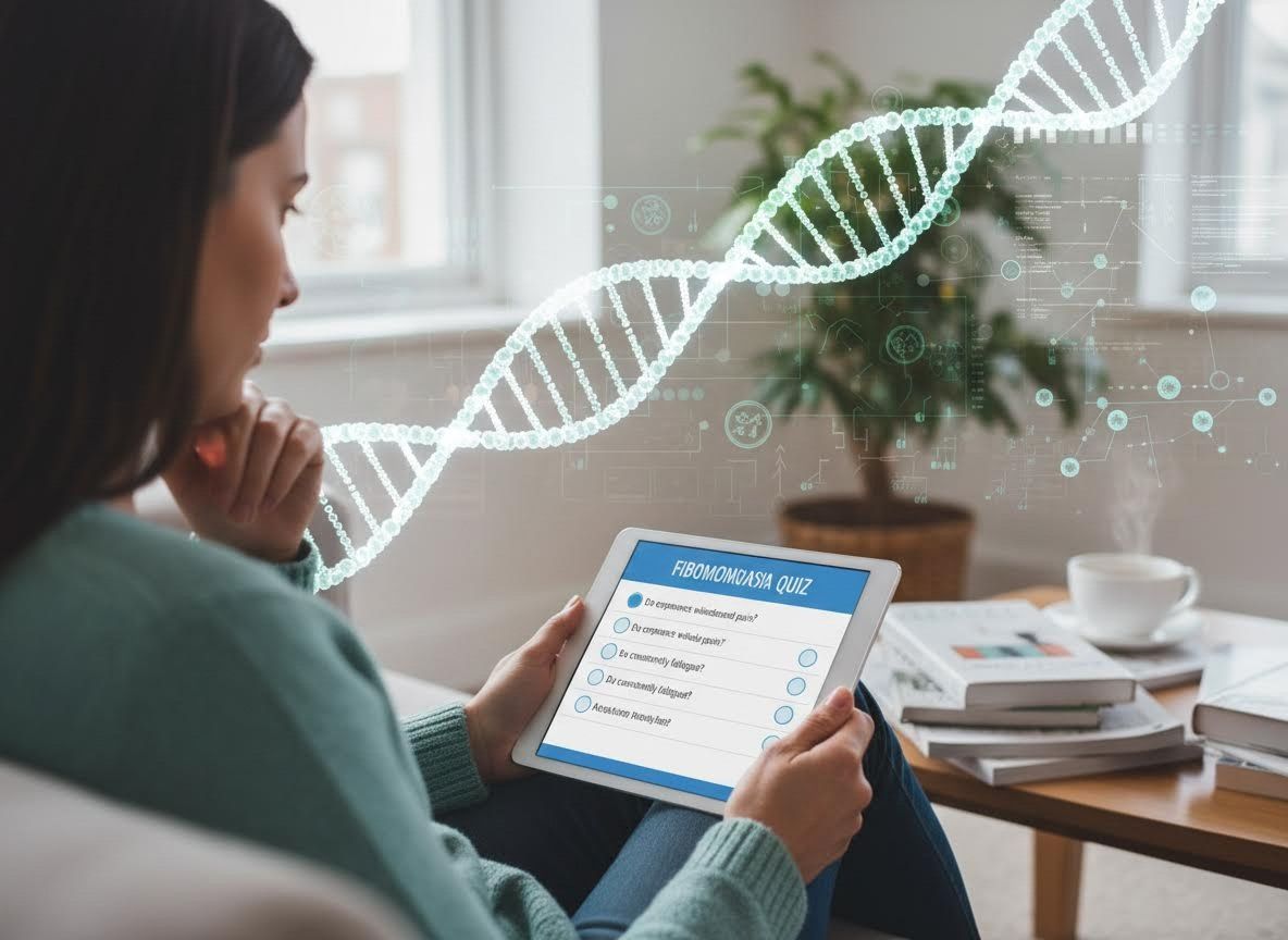 Woman viewing Fibromyalgia quiz and DNA graphic on tablet