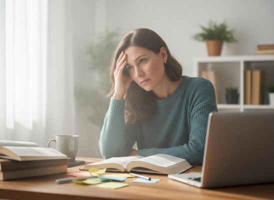 A young woman with a hand on her forehead looks tired or overwhelmed at a desk with an open book, laptop, and coffee. Woman feeling stressed while studying