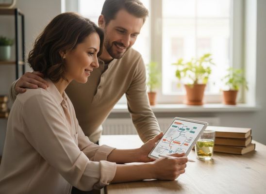 A smiling couple reviews a digital flowchart on a tablet with a stylus, depicting collaboration and modern planning at home. Couple reviewing digital plan on tablet