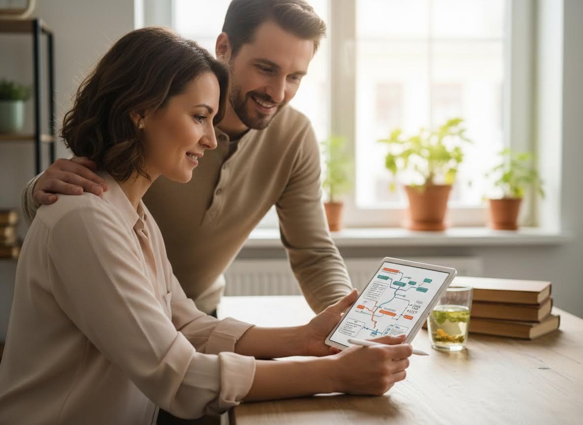 Couple reviewing digital plan on tablet