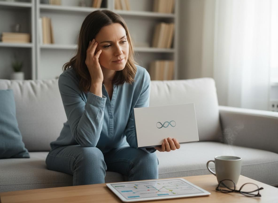 Woman Contemplating with Infinity Symbol Product Box and Tablet