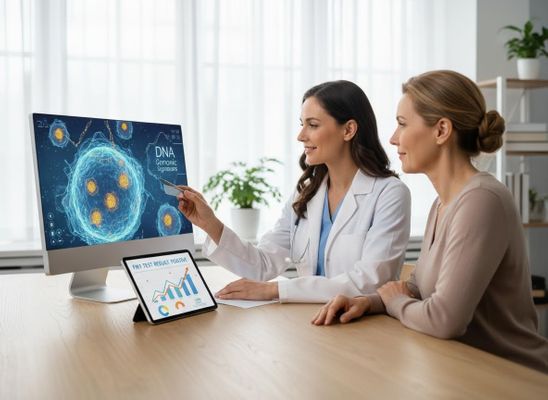 A female doctor in a white coat points to a computer screen showing DNA genomic signatures to a patient, with a tablet displaying positive test results. Doctor explaining genomic signatures and positive test results to patient