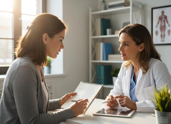 A female doctor in a white coat consults with a female patient holding a notebook. They are seated at a desk with a tablet. Doctor and Patient Discussing Medical Information