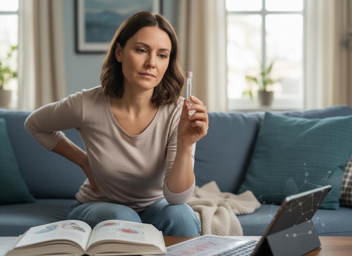 Woman holding test tube with back pain in living room