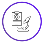 A medical chart with a cross symbol and a microscope are depicted in a line drawing style.