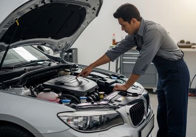 A mechanic in a gray uniform leans over a silver car with the hood open, pointing to the engine compartment. The car is in a garage setting. Car Mechanic Inspecting Engine
