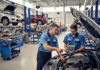 In a well-lit auto repair shop, two male mechanics in blue uniforms lean over a car engine, its hood open, while one mechanic points at data displayed on a tablet held by the other, with several cars on lifts and tool-laden workstations in the background. Mechanics Inspecting Car Engine with Tablet