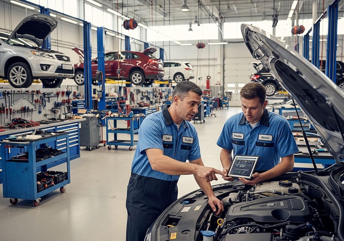 Mechanics Inspecting Car Engine with Tablet