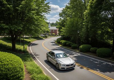 A silver BMW sedan drives along a winding road lined with lush green trees and manicured bushes. In the background, a charming red brick building with a steeple adds to the idyllic setting, under a bright blue sky with fluffy white clouds. Silver Sedan on Scenic Road