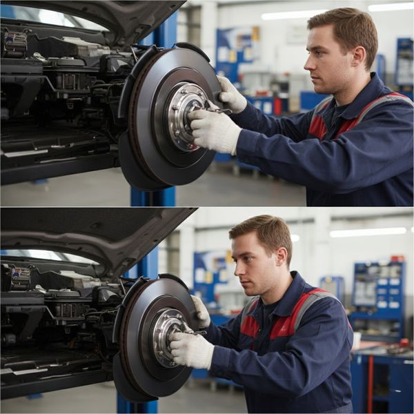 Auto mechanic performing a routine brake inspection in a garage