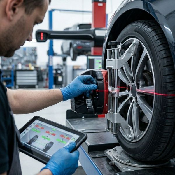 A technician using a high-tech laser alignment machine on a vehicle's wheels to ensure the suspension is perfectly calibrated