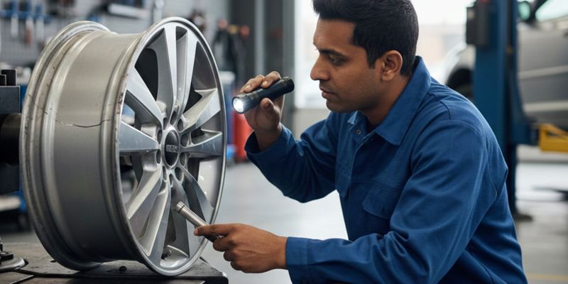 Professional mechanic inspecting a car's brake system in a clean auto shop