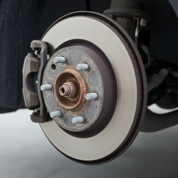 Close-up of a car's brake disc with worn brake pads