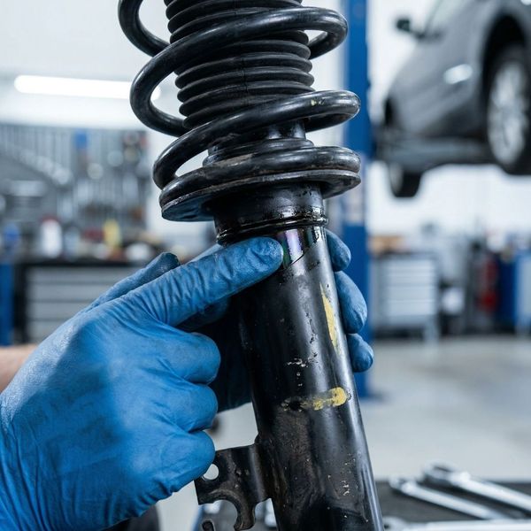 a mechanic's gloved hand inspecting a shock absorber for signs of oil leaks or wear