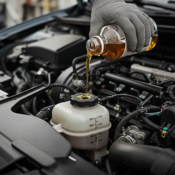 Hands pouring new brake fluid into a car's reservoir