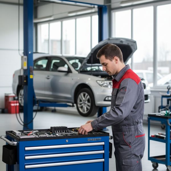 Auto mechanic performing a multi-point inspection during an oil change