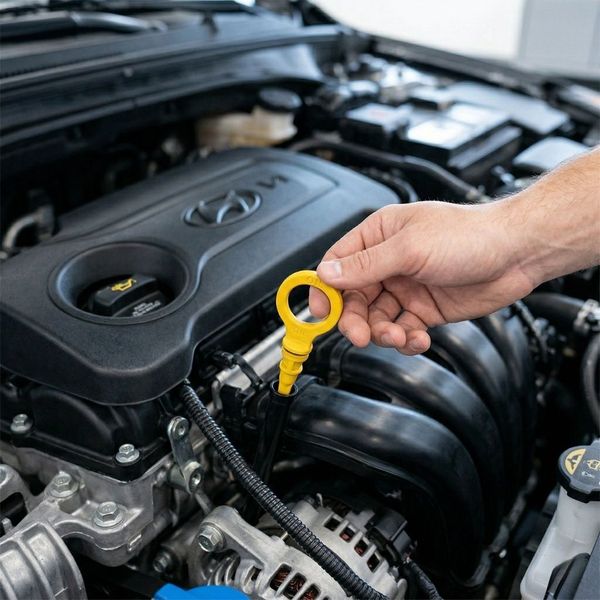 A detailed view of a car engine with a hand reaching in to check the bright yellow oil dipstick
