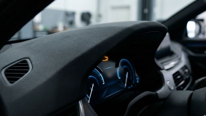 A professional close-up of a modern car dashboard with a glowing amber warning symbol illuminated against a dark interior.