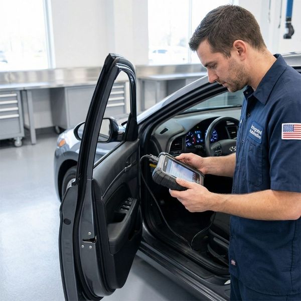 A mechanic using a handheld digital diagnostic scanner connected to a vehicle's computer system inside a bright, clean auto shop.
