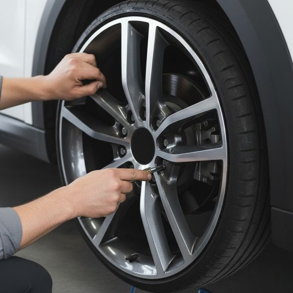 Hands of mechanic fixing a bent car rim