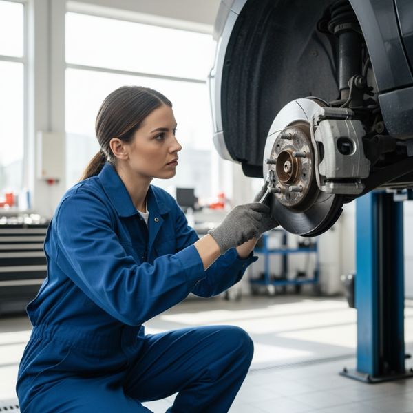 Female mechanic working on a car's brake system in a modern auto shop