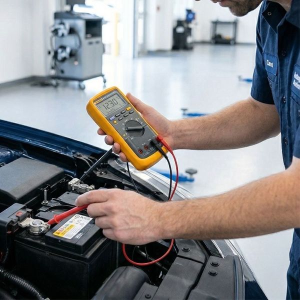 A professional technician testing a car battery with a multimeter tool showing digital readings in a modern garage setting.