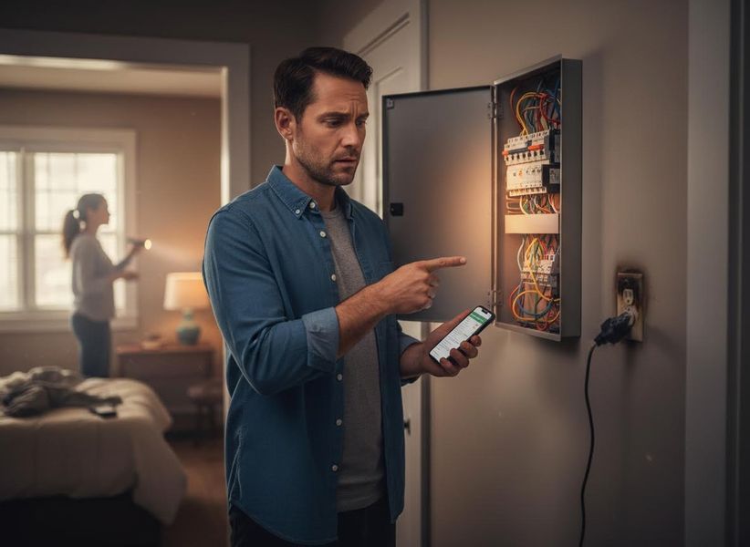 A concerned man points at an open electrical panel, holding a smartphone, while a woman uses a flashlight in a dark room. A burnt outlet is visible. Man inspecting a home electrical panel with a smartphone