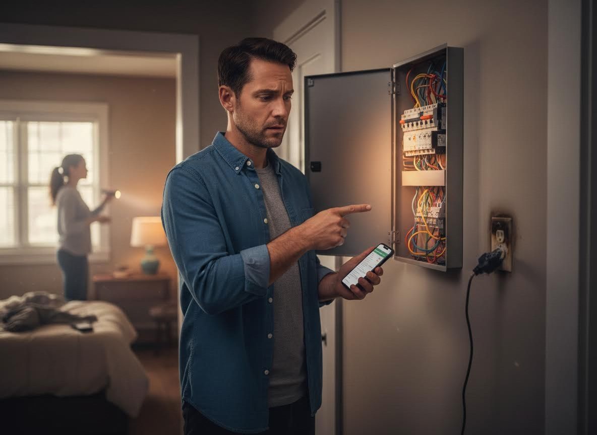 Man inspecting a home electrical panel with a smartphone
