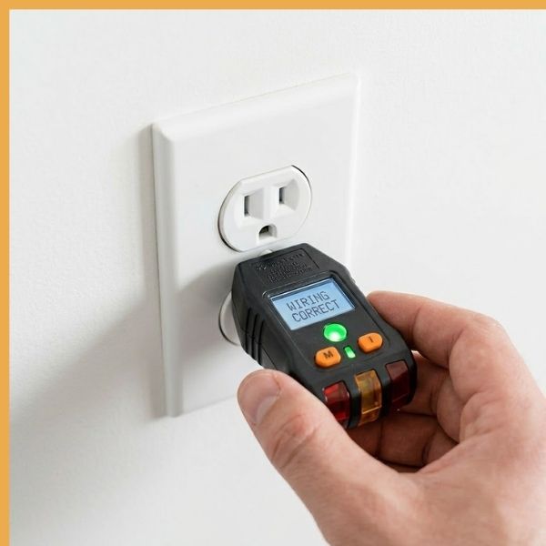 A detailed close-up of a professional electrical tester plugged into a newly installed tamper-resistant outlet, with a green light and a clean 'CORRECT' status display, confirming safety.