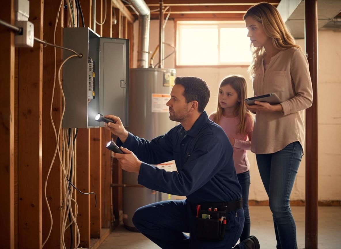 Electrician inspecting home electrical panel with family