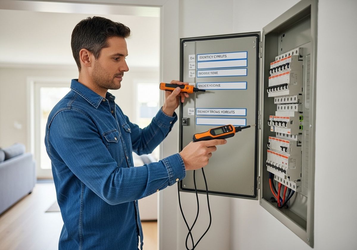 Electrician working at a circuit breaker.