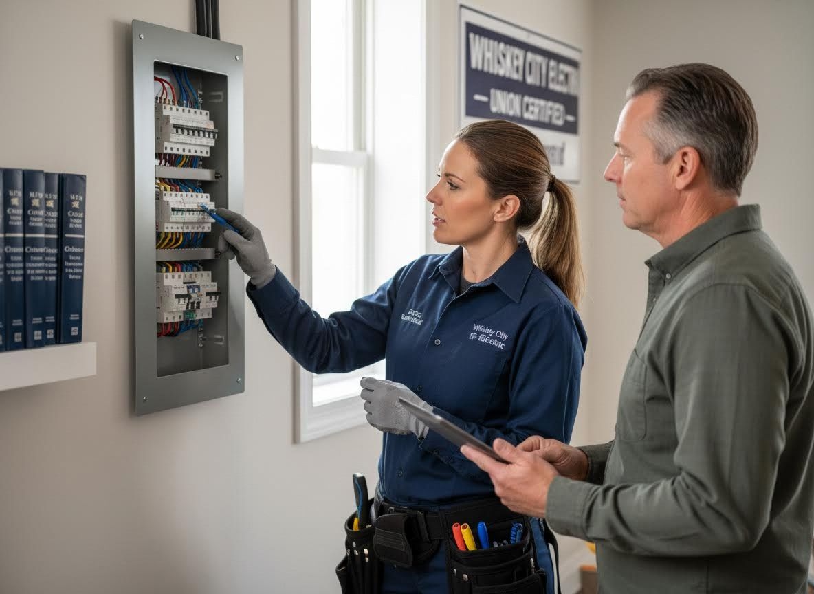 Female Electrician Explaining Electrical Panel to Male Client