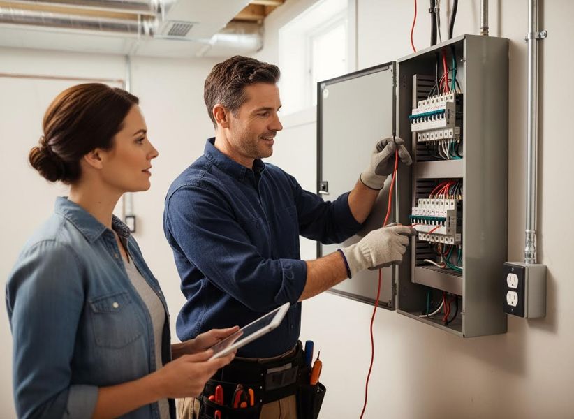 A male electrician connects wires in an open electrical panel, while a female client with a tablet observes. Professional electrical service. Electrician working on a circuit breaker panel with a client