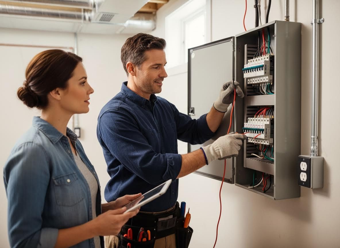 Electrician working on a circuit breaker panel with a client