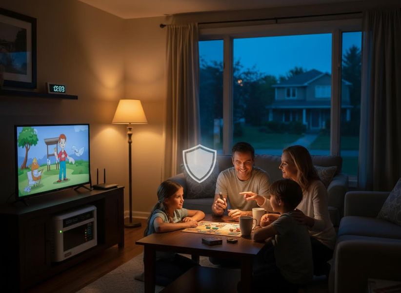 A happy family of four plays a board game at night in their cozy living room, illuminated by a lamp and TV. A shield icon suggests home protection. Family enjoying a board game in their living room with a digital security shield